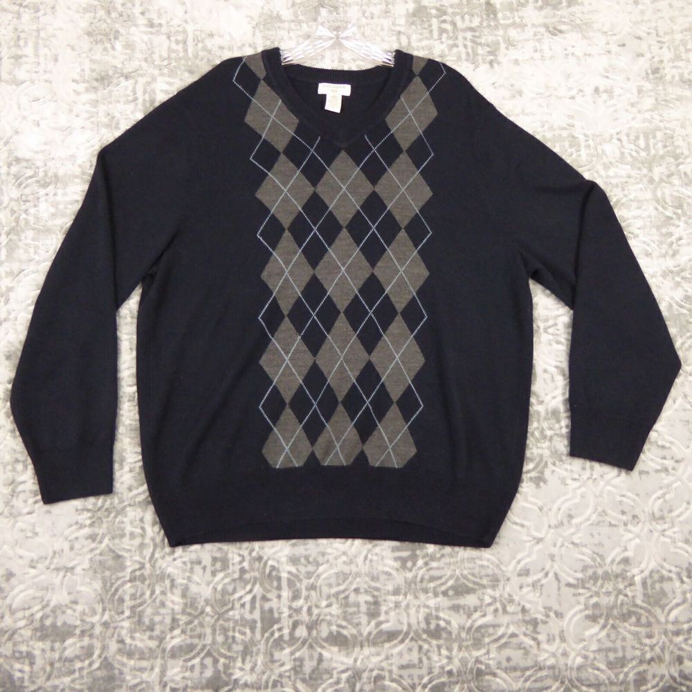 Dockers Sweater Mens Extra Large Black Argyle V-Neck  Preppy Soft Lightweight